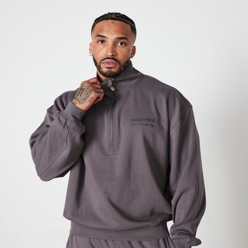 Vanquish Fitness Dark Grey Signature Collection Quarter Zip Sweater Dark Grey | UPFT38976