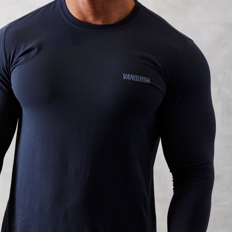 Vanquish Fitness Essential Navy Blue Slim Fit Long Sleeve T Shirt Navy Blue | GMWC06952