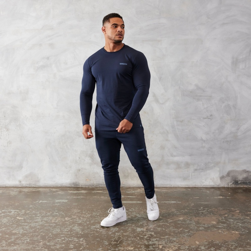 Vanquish Fitness Essential Navy Blue Slim Fit Long Sleeve T Shirt Navy Blue | GMWC06952