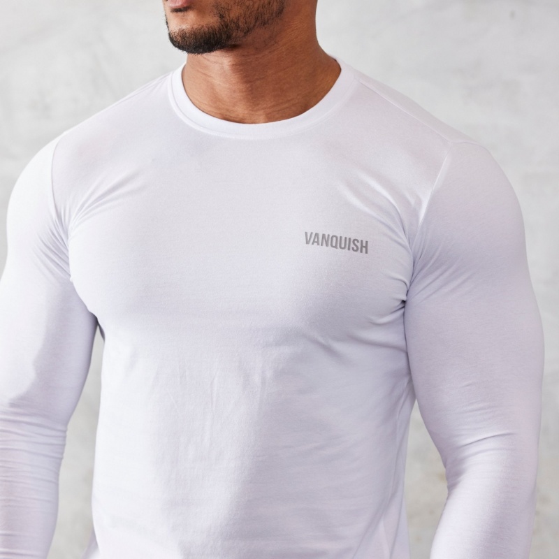 Vanquish Fitness Essential White Slim Fit Long Sleeve T Shirt White | EMDR46782