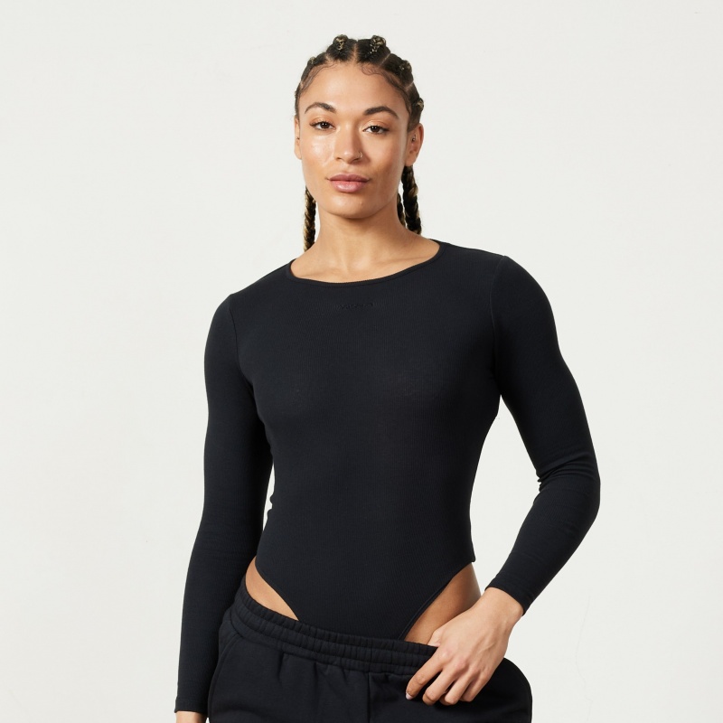 Vanquish Fitness Restore Black Long Sleeve Ribbed Bodysuit Black | ZRLH05946