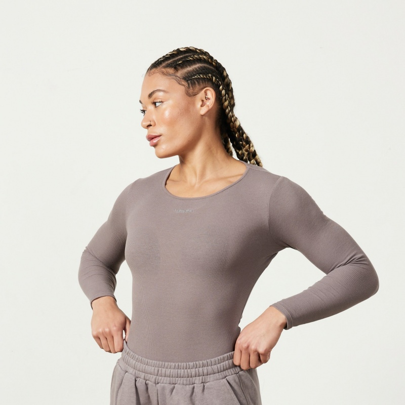 Vanquish Fitness Restore Cinder Brown Long Sleeve Ribbed Bodysuit Cinder Brown | ZMFS68452