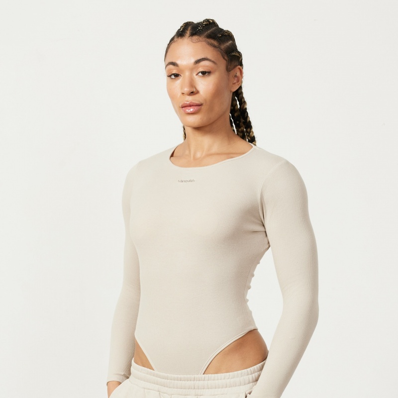 Vanquish Fitness Restore Sand Long Sleeve Ribbed Bodysuit Sand | ZQRG10325