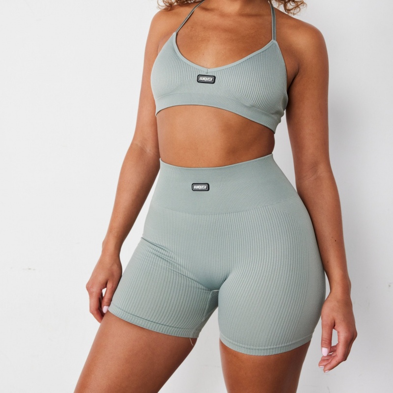 Vanquish Fitness Ribbed Seamless Slate Grey Cross Back Low Support Bra Slate Grey | IRBE82473