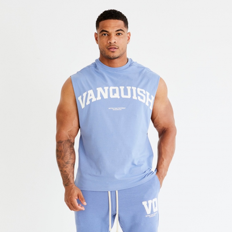 Vanquish Fitness Washed Blue Varsity Oversized Sleeveless T Shirt Washed Blue | DKSI85407