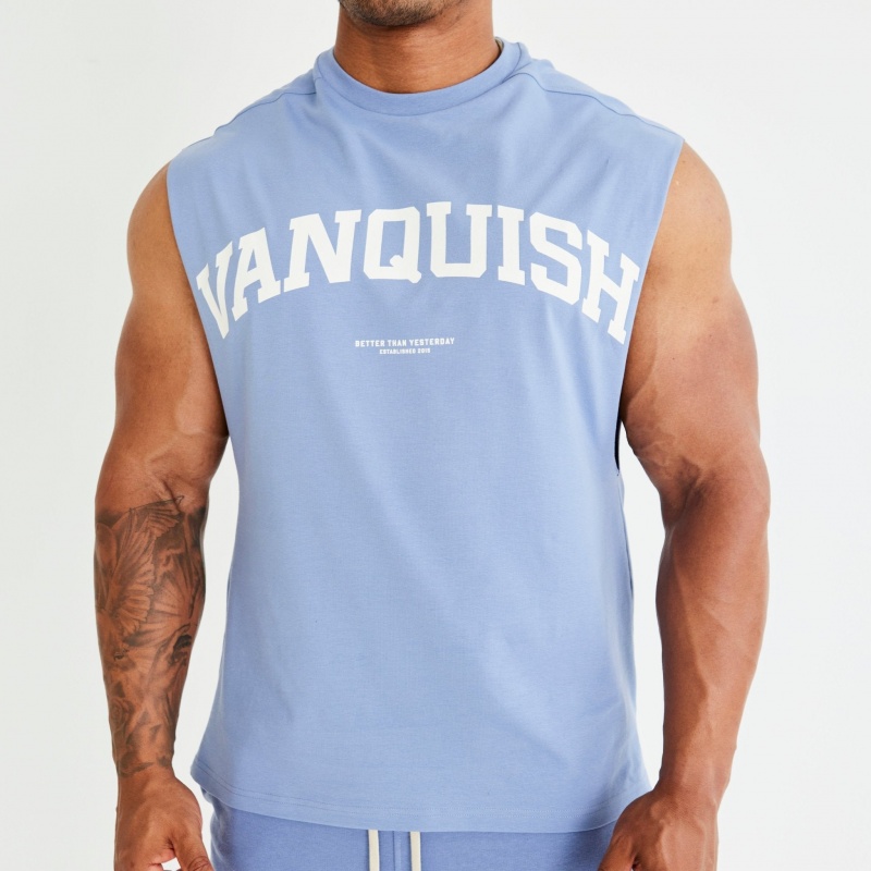 Vanquish Fitness Washed Blue Varsity Oversized Sleeveless T Shirt Washed Blue | DKSI85407
